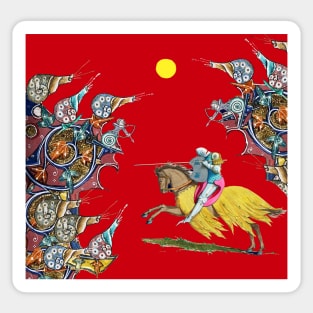 WEIRD MEDIEVAL BESTIARY WAR, KNIGHT HORSEBACK COMBATTING GIANT SNAILS IN ROYAL RED Sticker